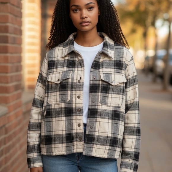 NWT Lucky Brand Women’s Size Small Black & Cream Sherpa Lined Flannel Shacket - Picture 8 of 16